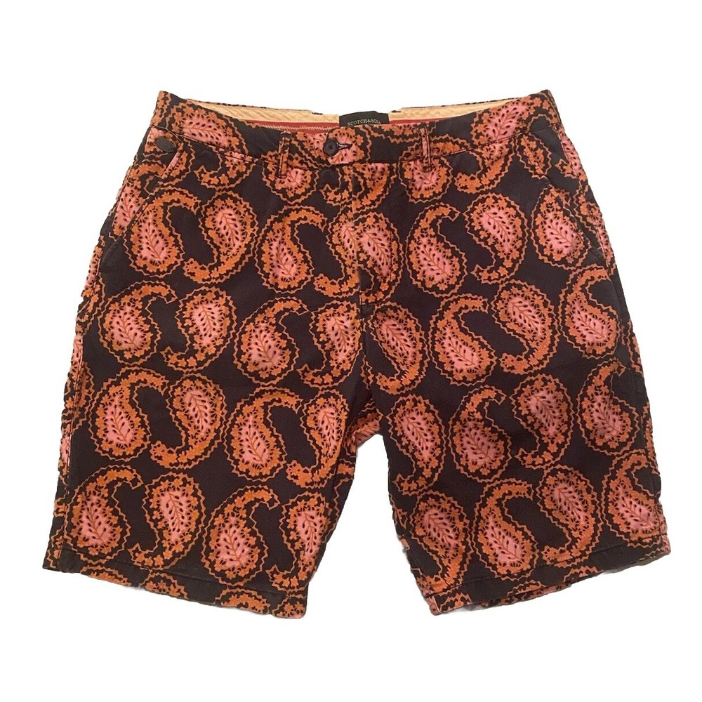 SCOTCH & SODA Couture Mens Shorts Cotton Orange Navy Paisley Pattern Size 32